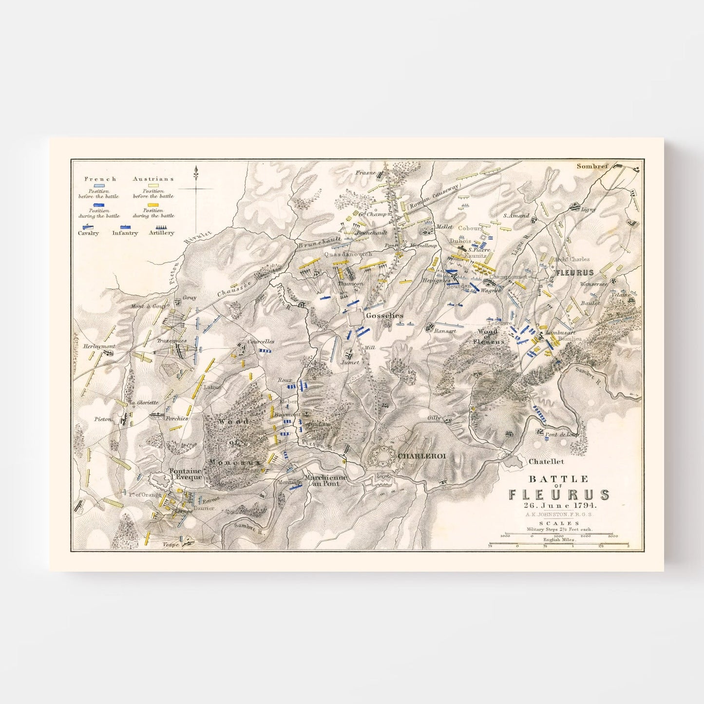 Vintage Map of the Battle of Fleurus, Belgium, 1794