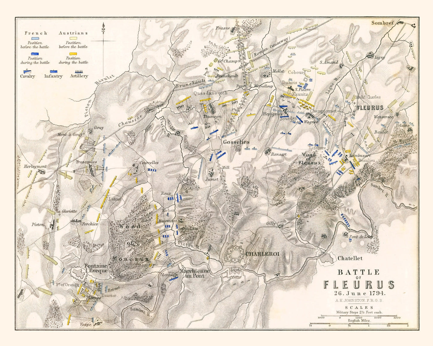 Vintage Map of the Battle of Fleurus, Belgium, 1794