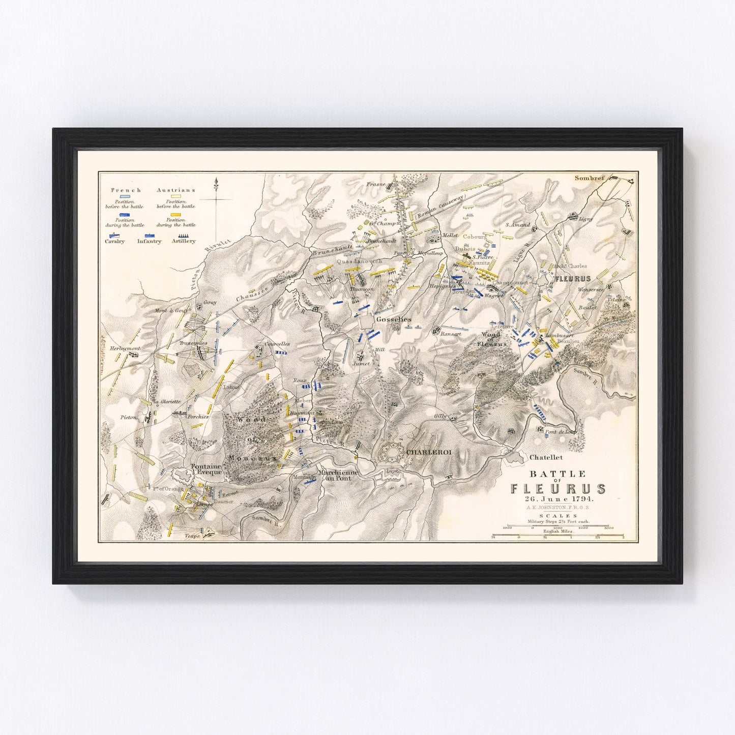 Vintage map of the Battle of Fleurus, Belgium, 1794