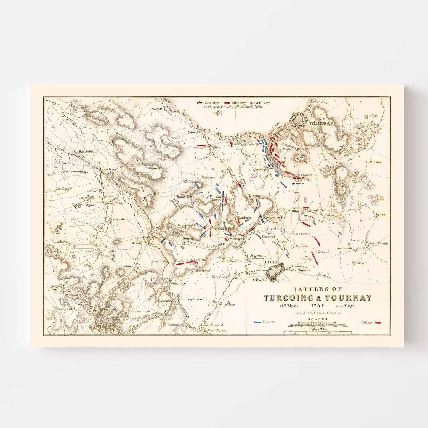 Vintage Map of the Battles of Turcoing and Tournay, 1794