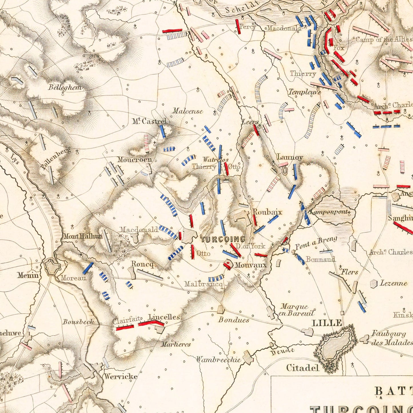 Vintage Map of the Battles of Turcoing and Tournay, 1794
