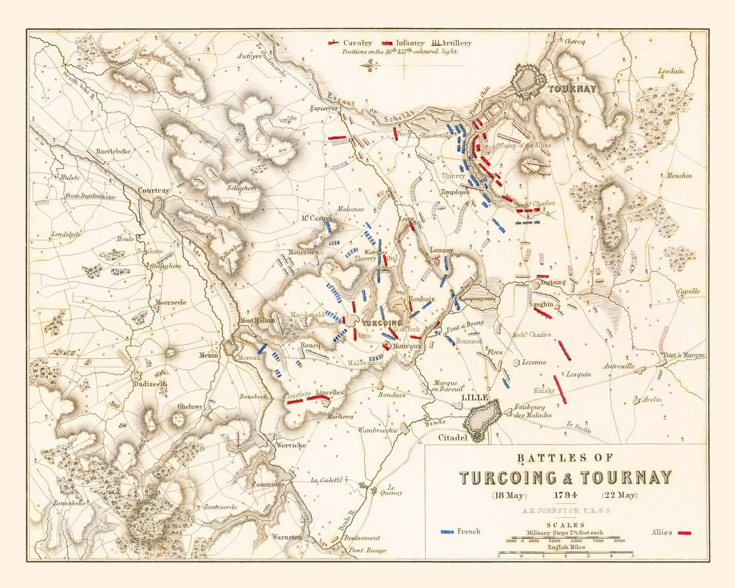 Vintage Map of the Battles of Turcoing and Tournay, 1794