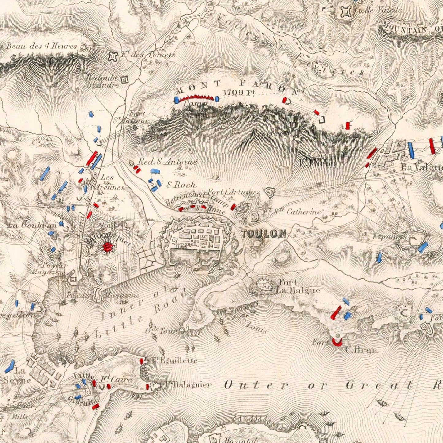 Vintage Map of the Siege of Toulon, France, 1793