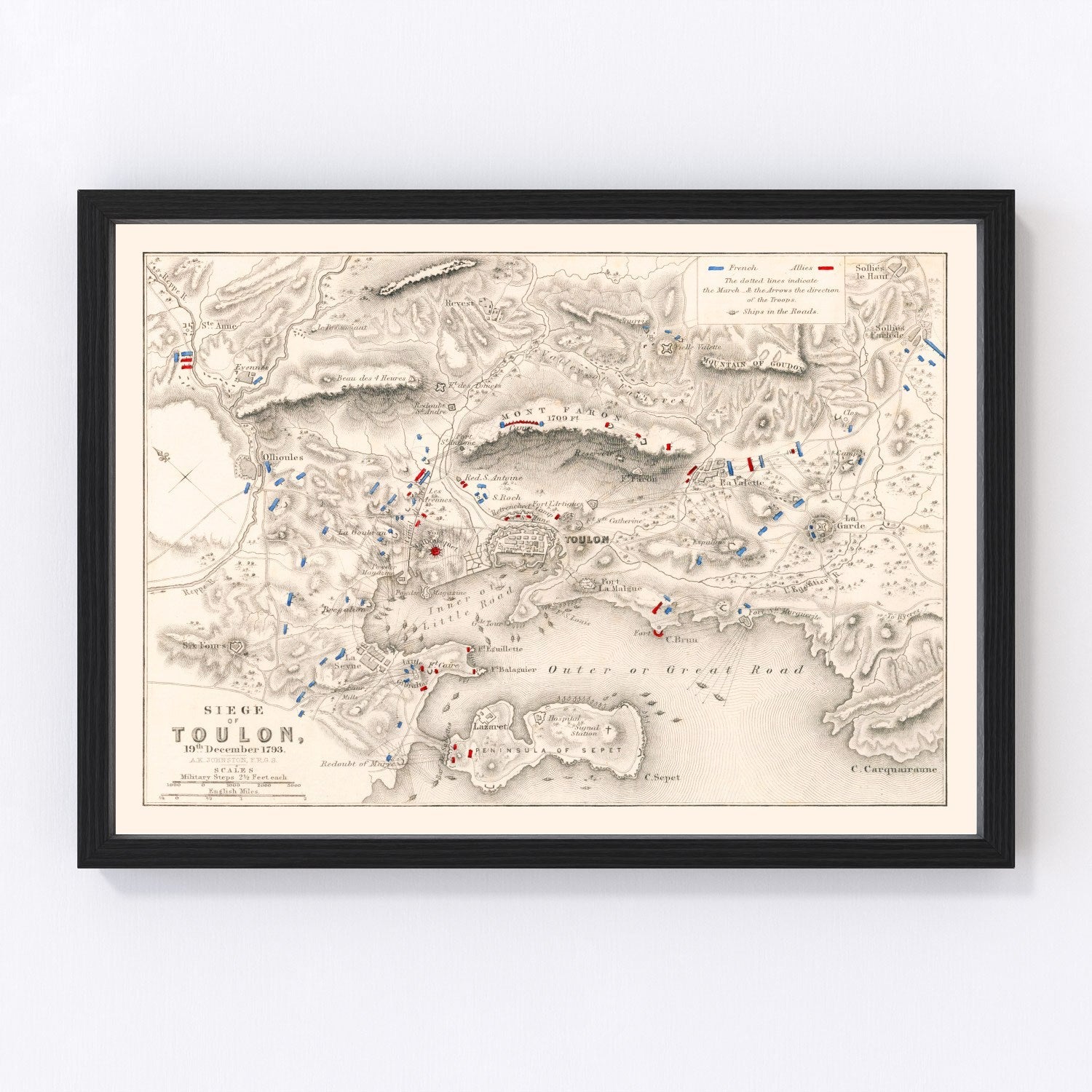 Vintage map of the Siege of Toulon, France, 1793, Napoleonic era