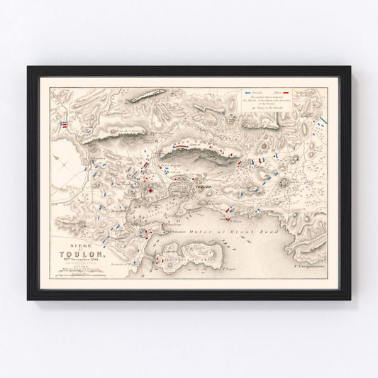 Vintage map of the Siege of Toulon, France, 1793, Napoleonic era
