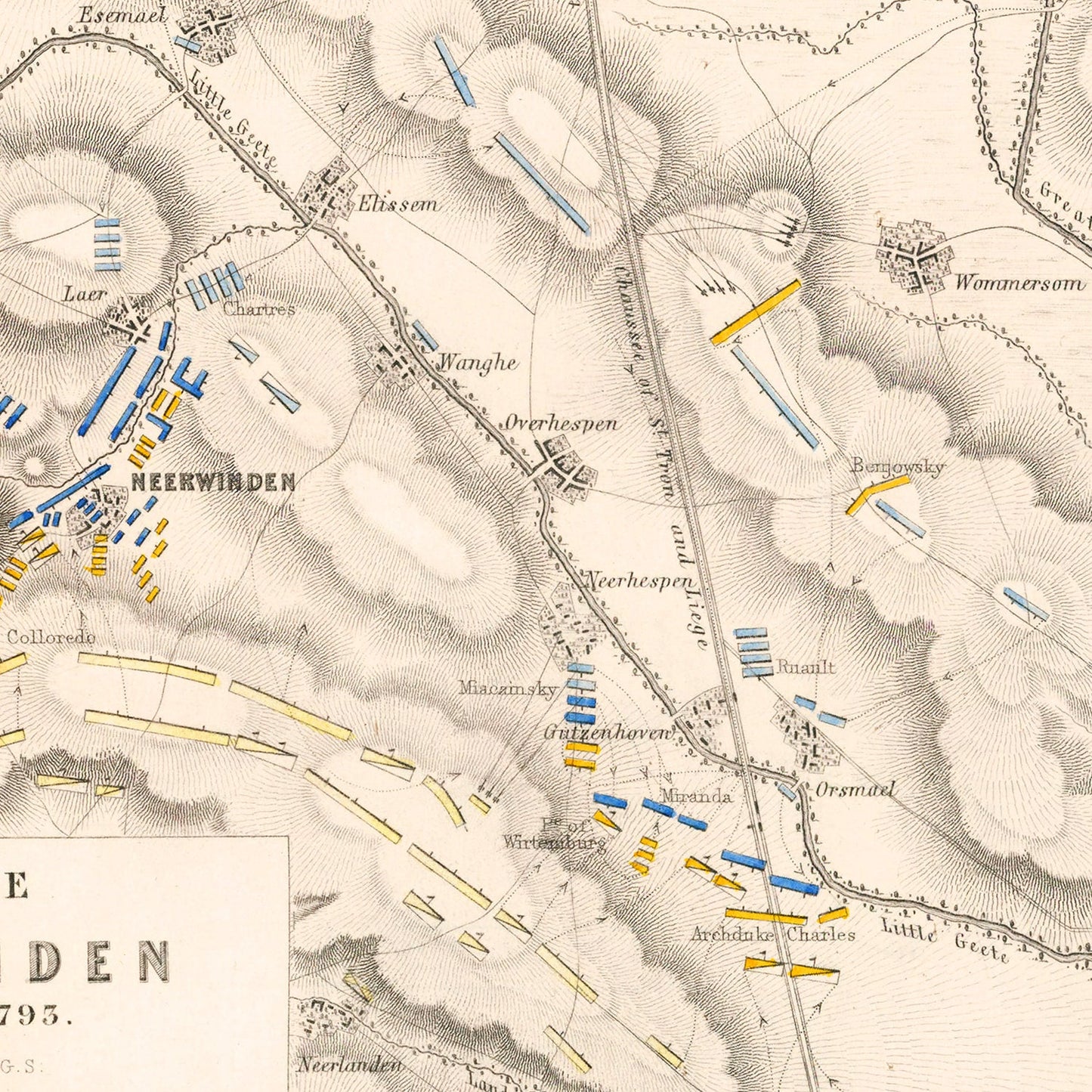 Vintage Map of the Battle of Neerwinden, Belgium, 1793