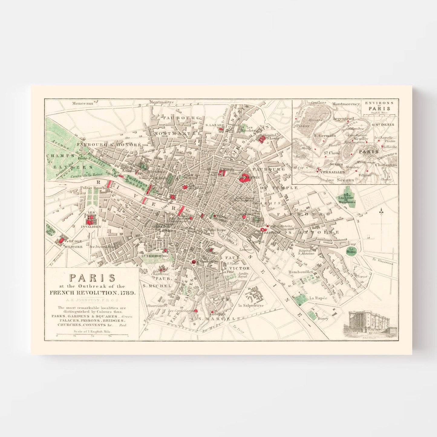 Vintage Map of Paris During the French Revolution, 1789
