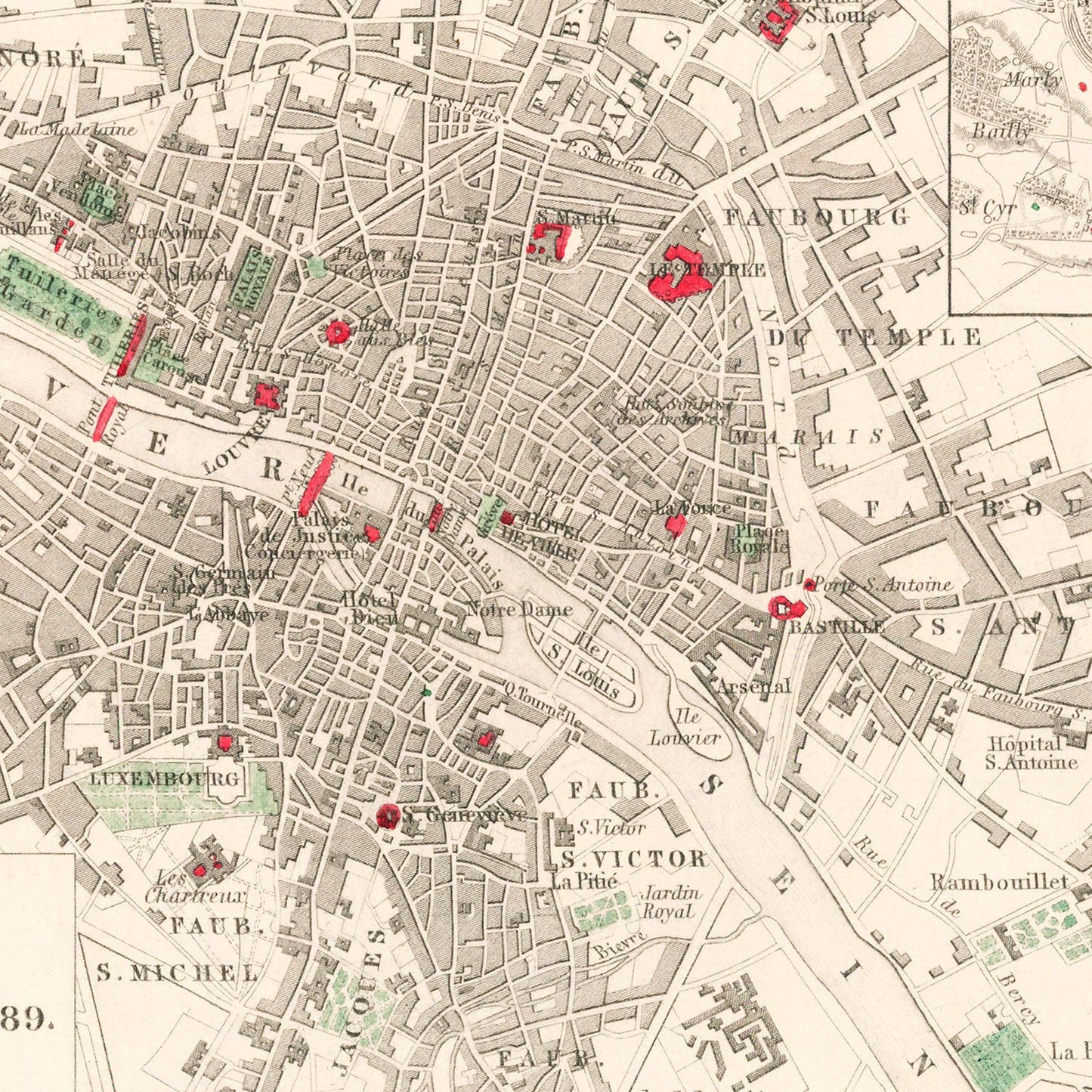 Vintage Map of Paris During the French Revolution, 1789