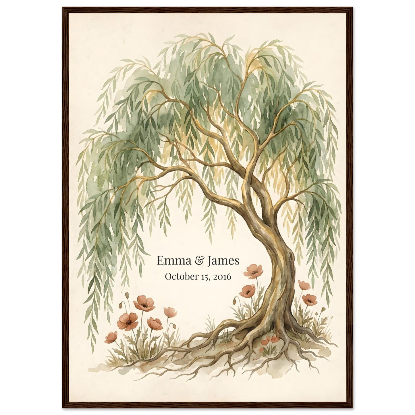 Personalized Willow Tree 9th Anniversary Wall Art - 50x70 cm / 20x28″ - Dark wood frame / Ready-to-hang - Sparkycare
