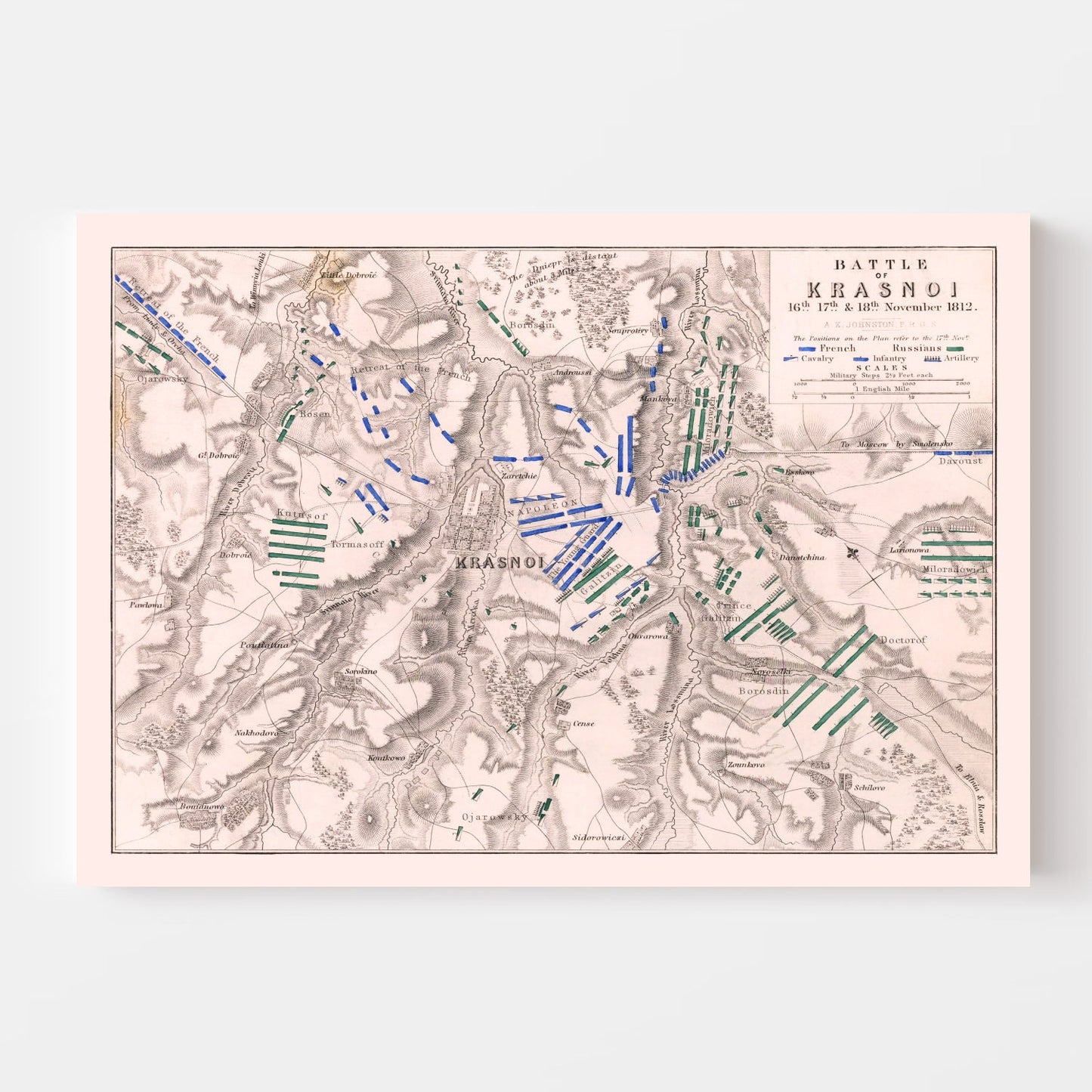 Vintage Map of the Battle of Krasnoi, Russia, 1812