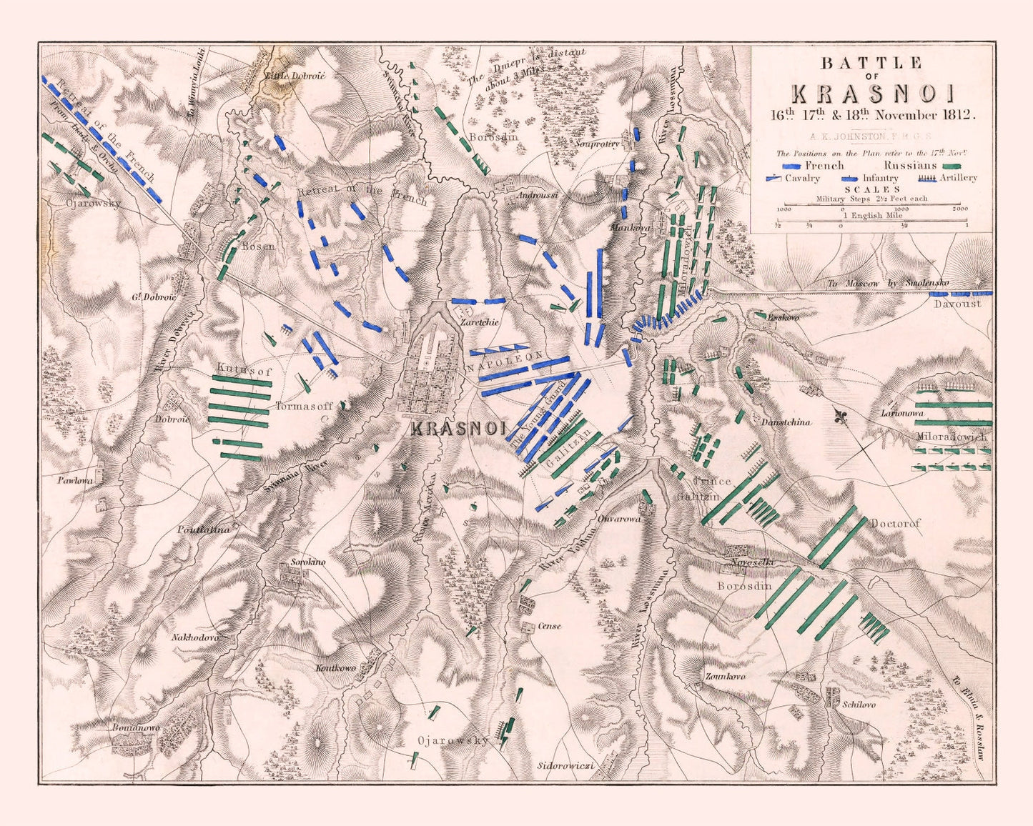 Vintage Map of the Battle of Krasnoi, Russia, 1812