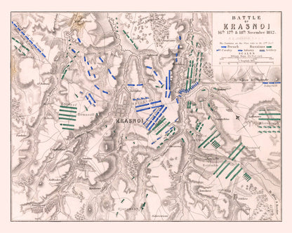 Vintage Map of the Battle of Krasnoi, Russia, 1812