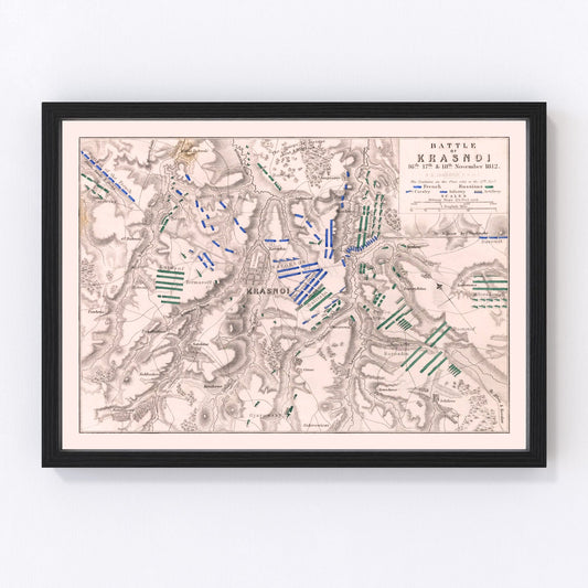 vintage map of the Battle of Krasnoi, Russia, 1812, Napoleonic retreat map