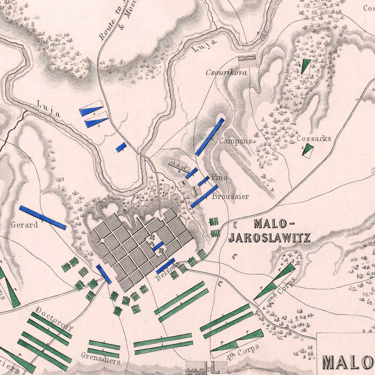 Vintage Map of the Battle of Malo-Yaroslavets, Russia, 1812