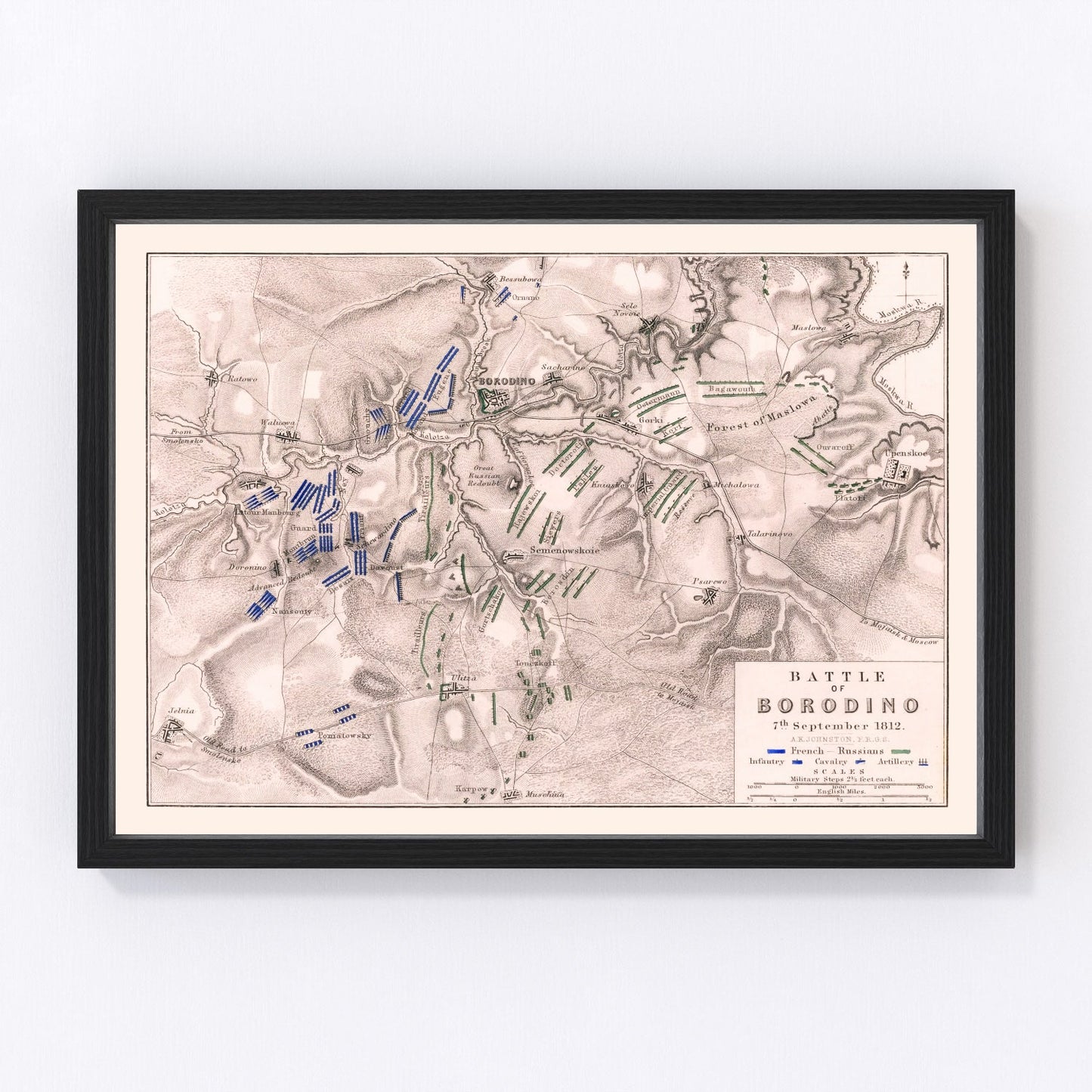 vintage map of the Battle of Borodino, Russia, 1812, Napoleonic Wars