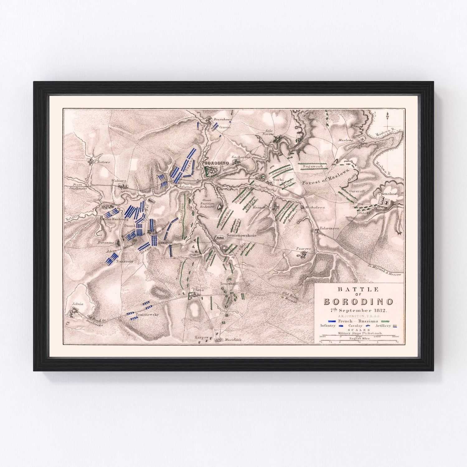 vintage map of the Battle of Borodino, Russia, 1812, Napoleonic Wars