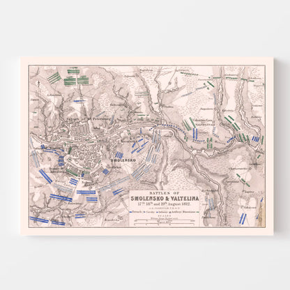 Vintage Map of the Battles of Smolensk and Valtellina, 1812