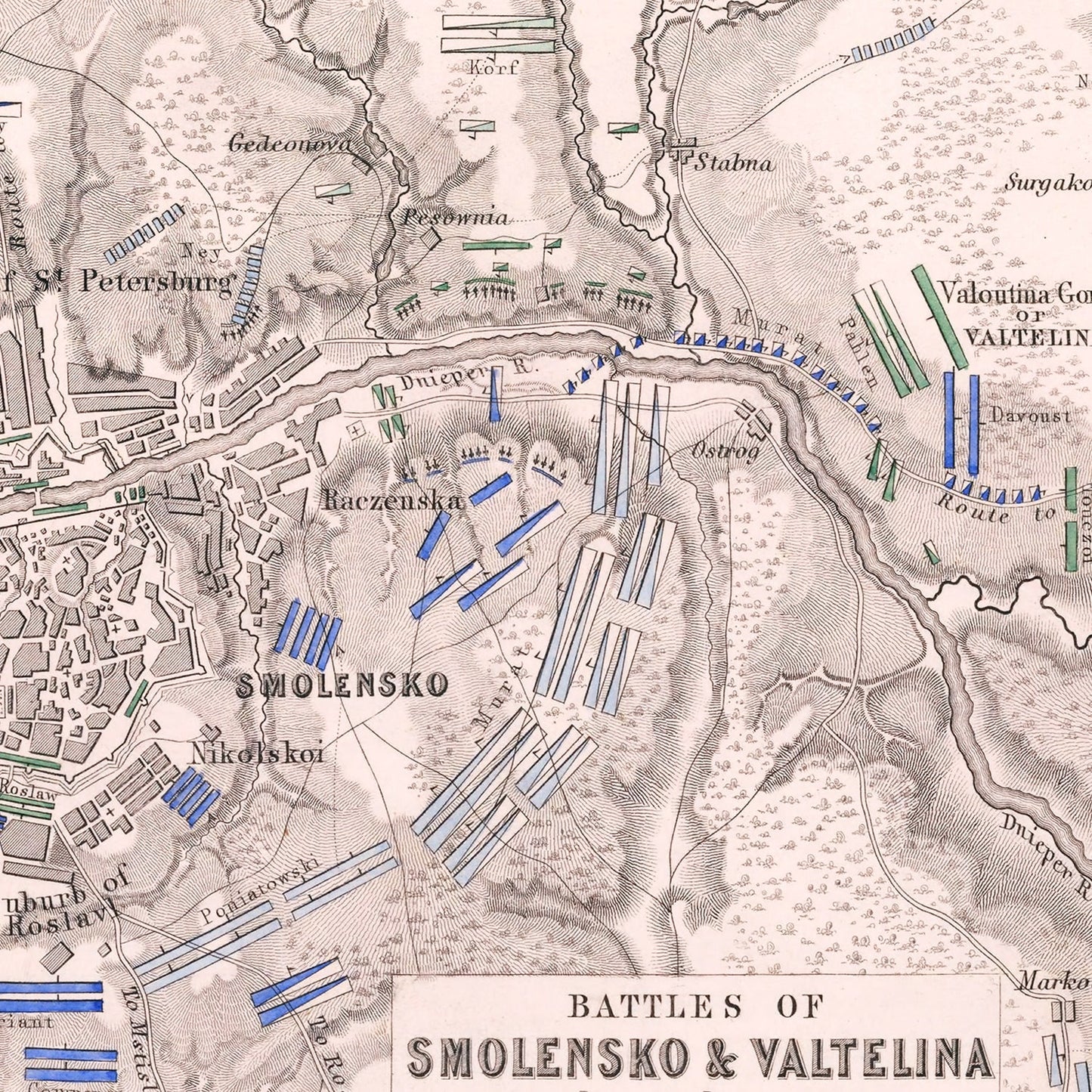 Vintage Map of the Battles of Smolensk and Valtellina, 1812