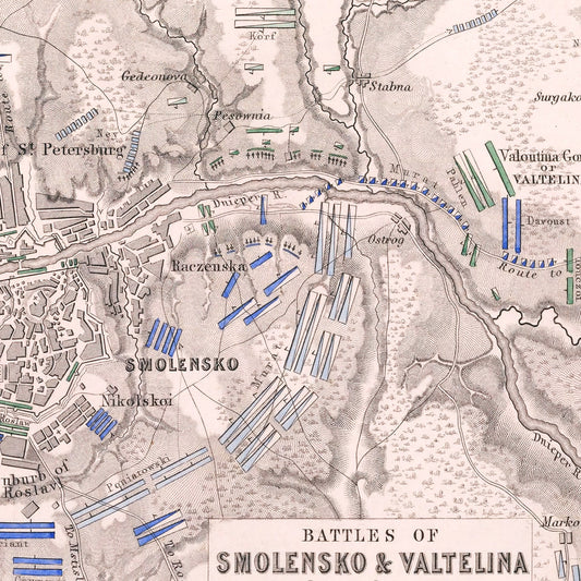 Vintage Map of the Battles of Smolensk and Valtellina, 1812