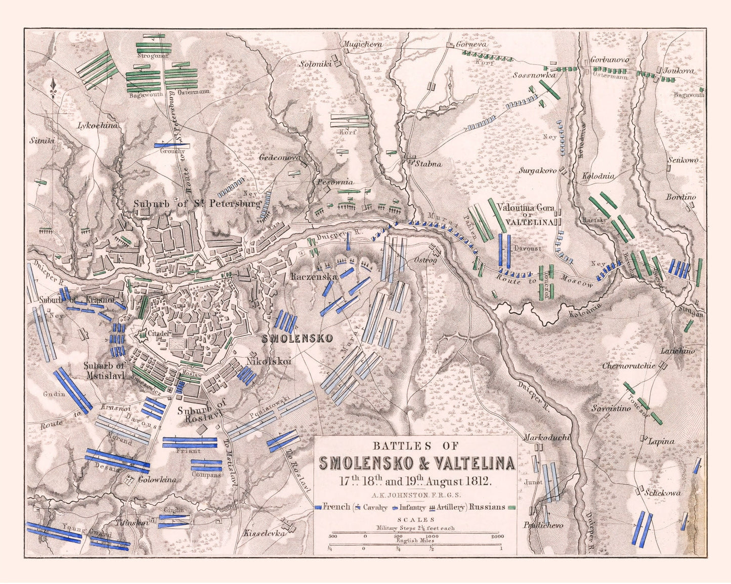Vintage Map of the Battles of Smolensk and Valtellina, 1812