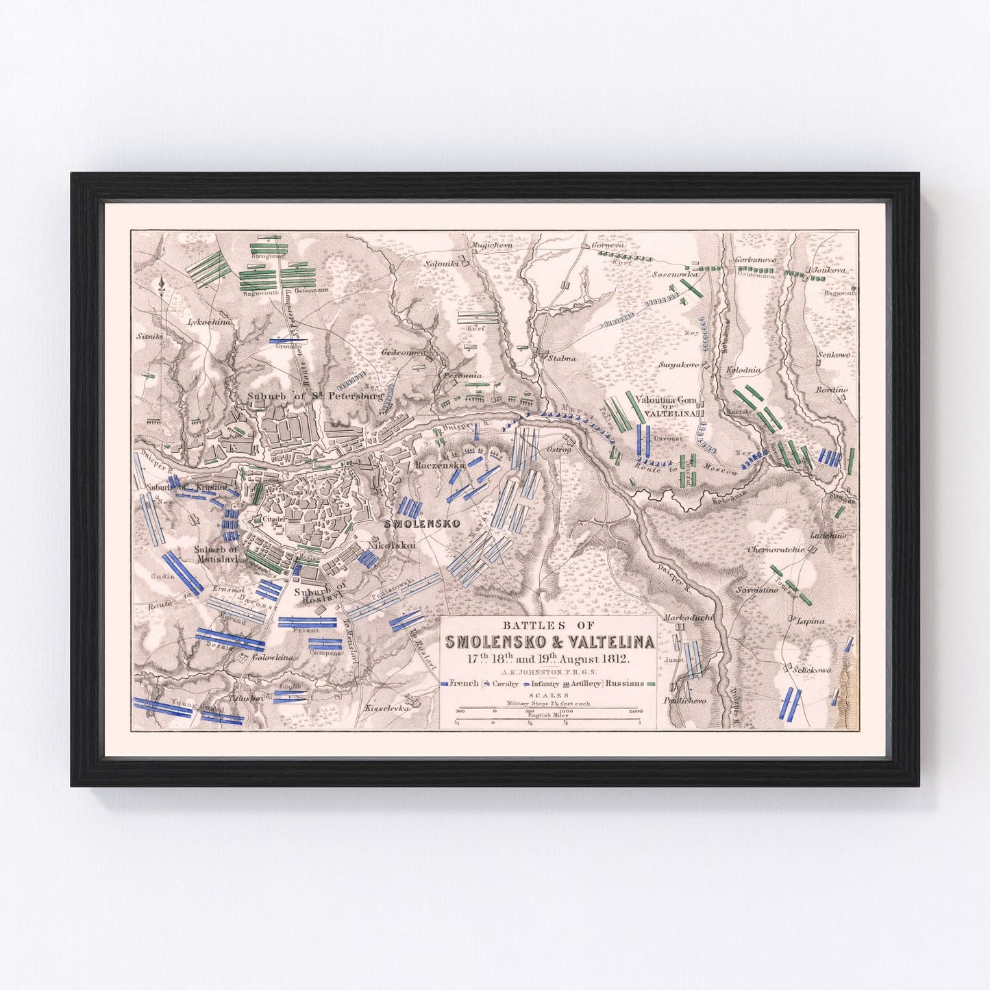 vintage map of the Battles of Smolensk and Valtellina, 1812, Napoleonic Wars