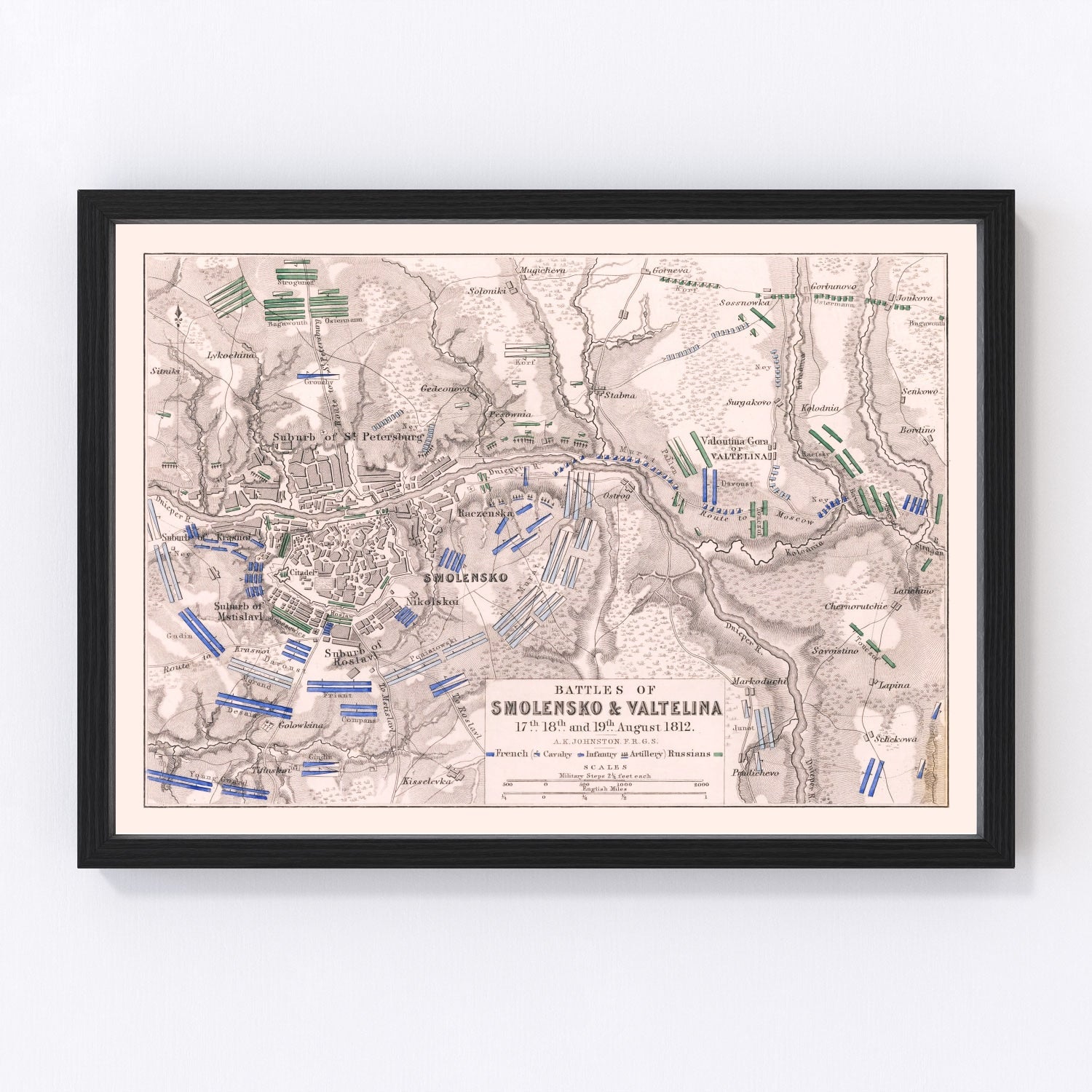 vintage map of the Battles of Smolensk and Valtellina, 1812, Napoleonic Wars