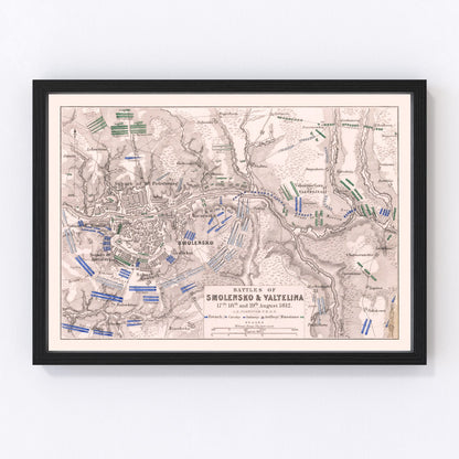 vintage map of the Battles of Smolensk and Valtellina, 1812, Napoleonic Wars