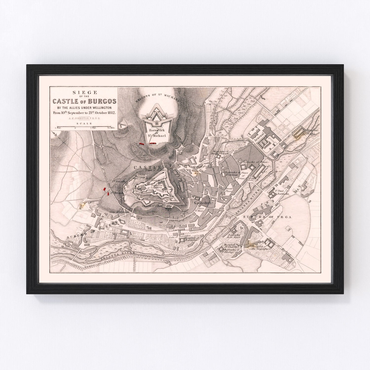 vintage map of the Siege of the Castle of Burgos, Spain, 1812
