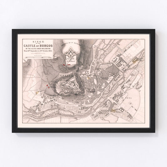 vintage map of the Siege of the Castle of Burgos, Spain, 1812