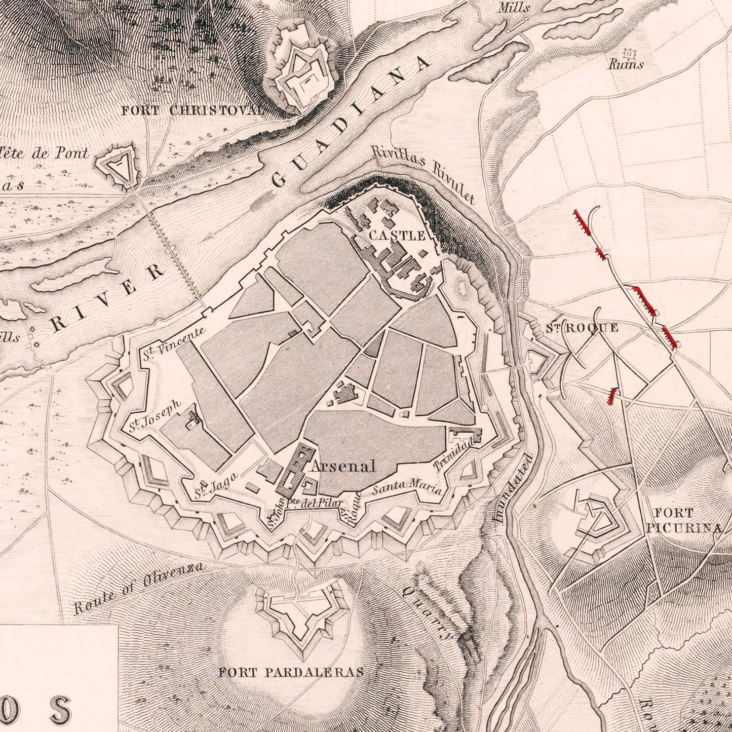 Vintage Map of the Siege of Badajoz, 1812