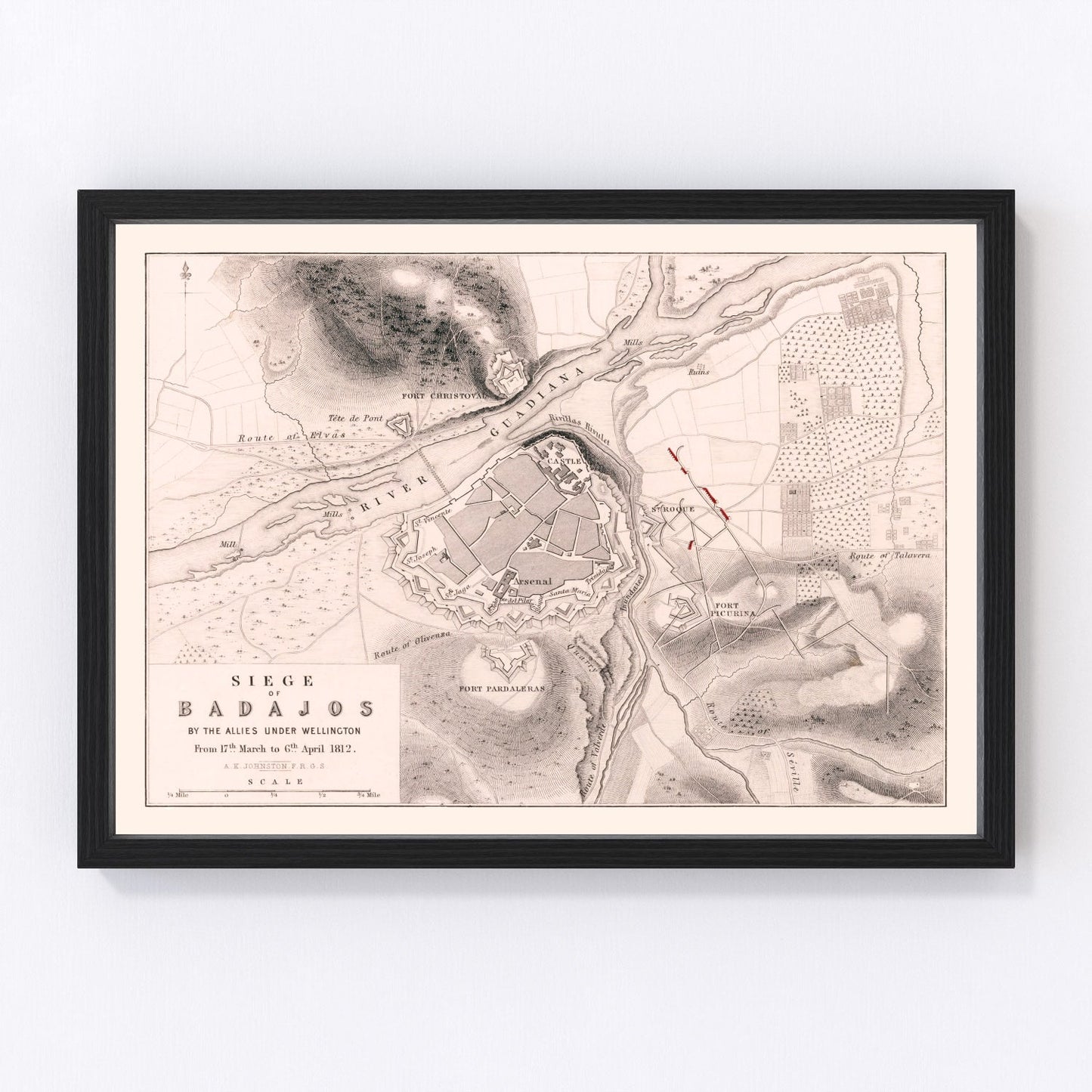 vintage map of the Siege of Badajoz, Spain, 1812