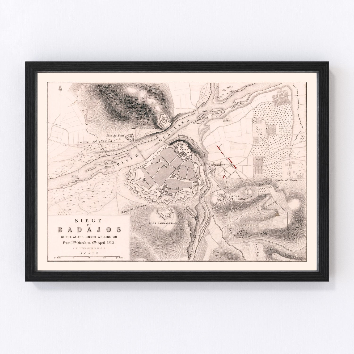 vintage map of the Siege of Badajoz, Spain, 1812