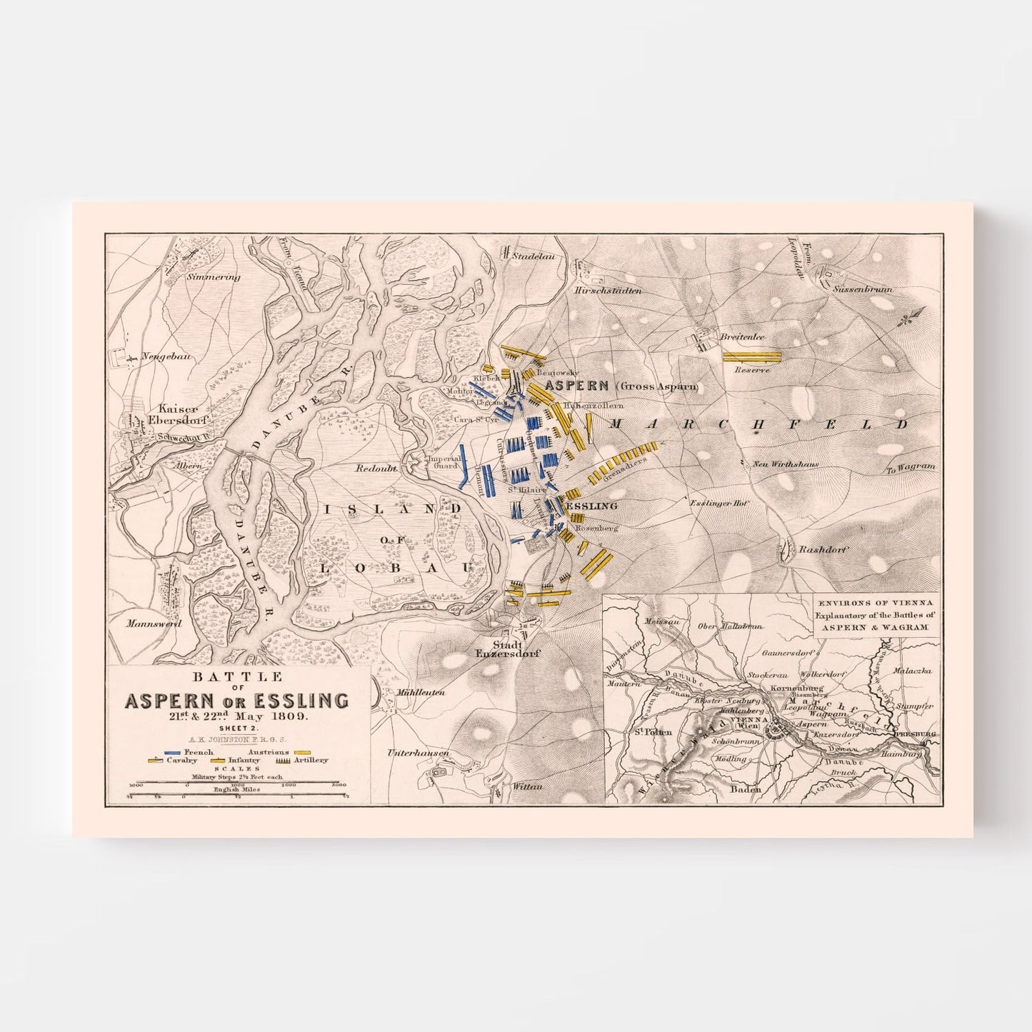Vintage Map of the Battle of Aspern-Essling, Austria, 1809