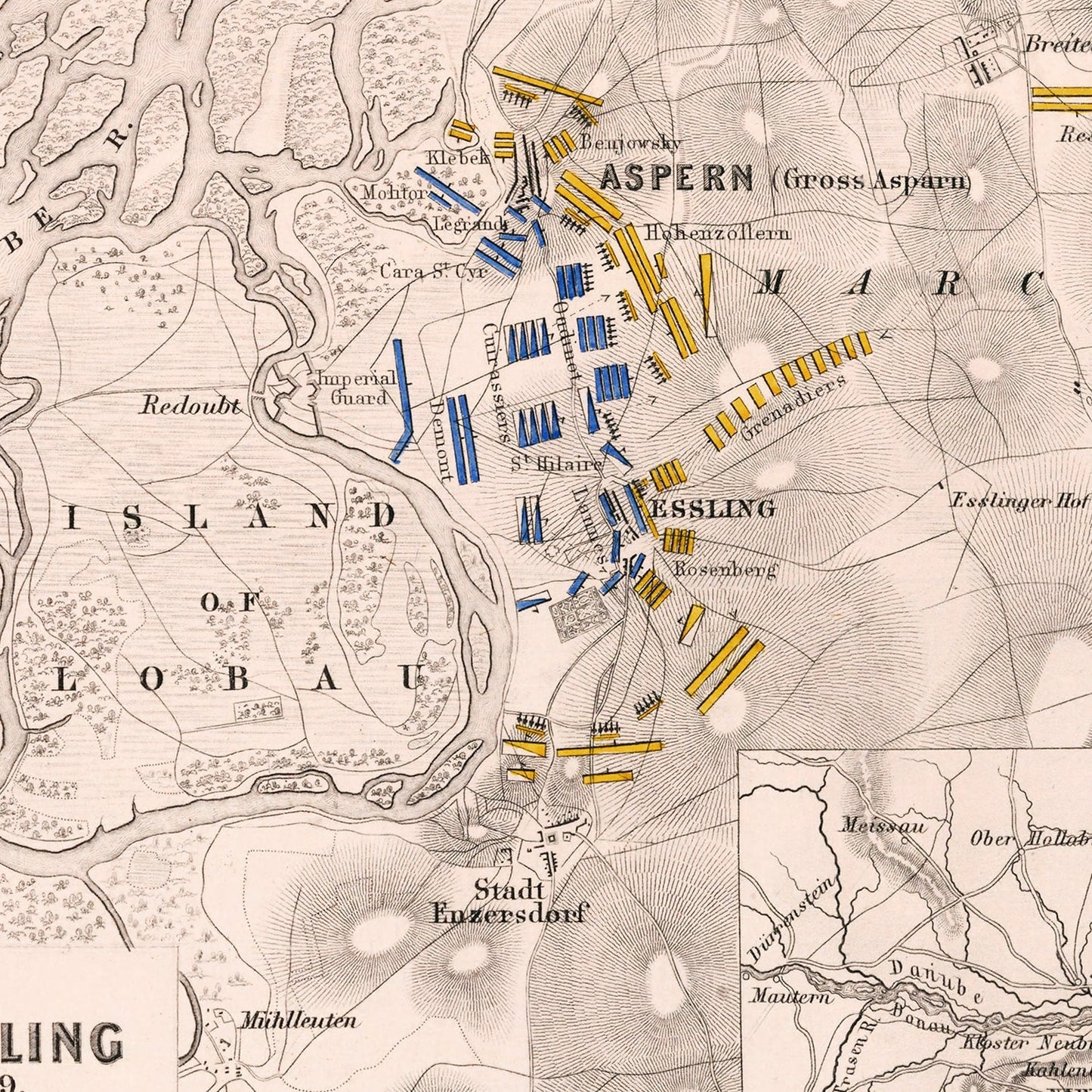Vintage Map of the Battle of Aspern-Essling, Austria, 1809