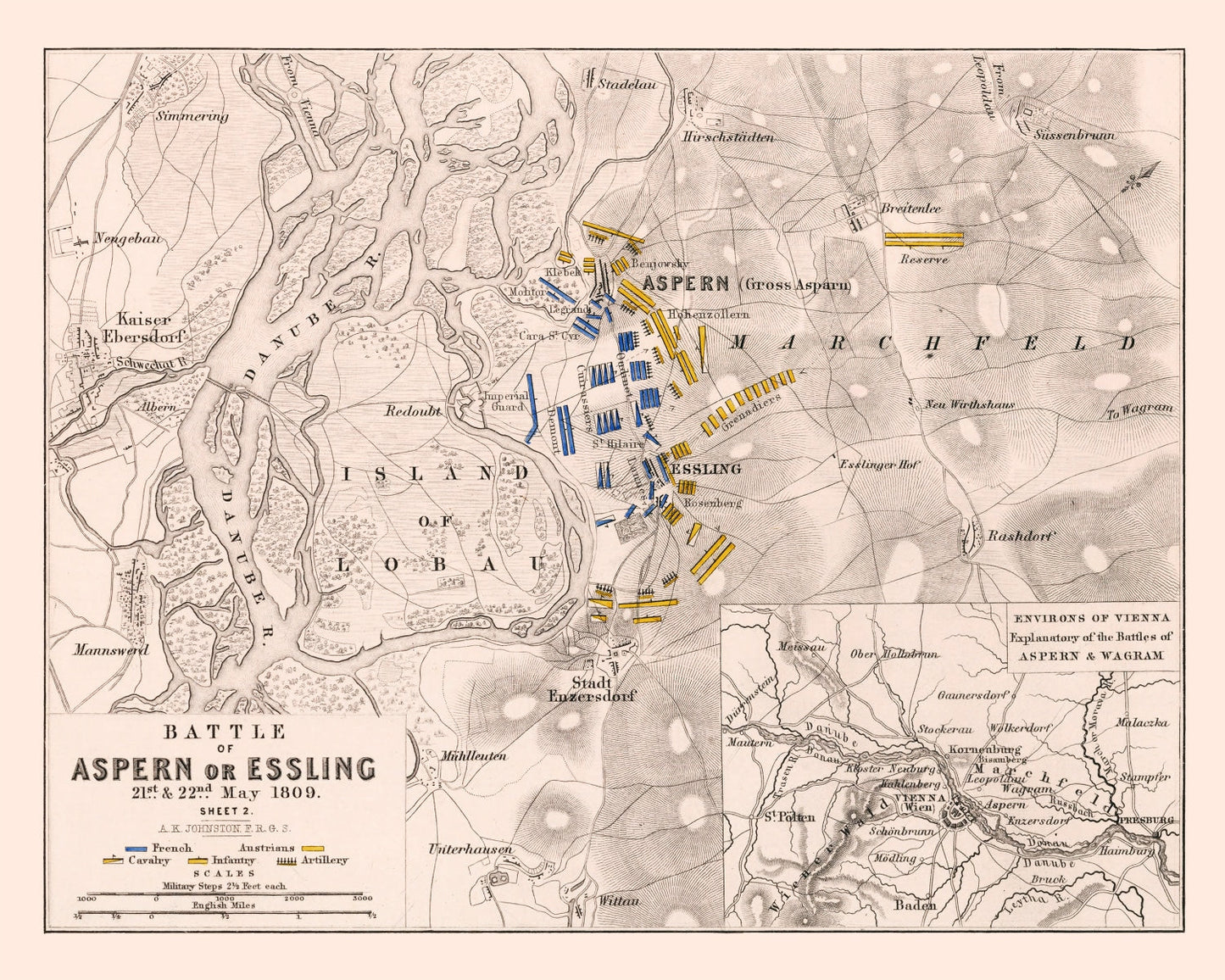 Vintage Map of the Battle of Aspern-Essling, Austria, 1809