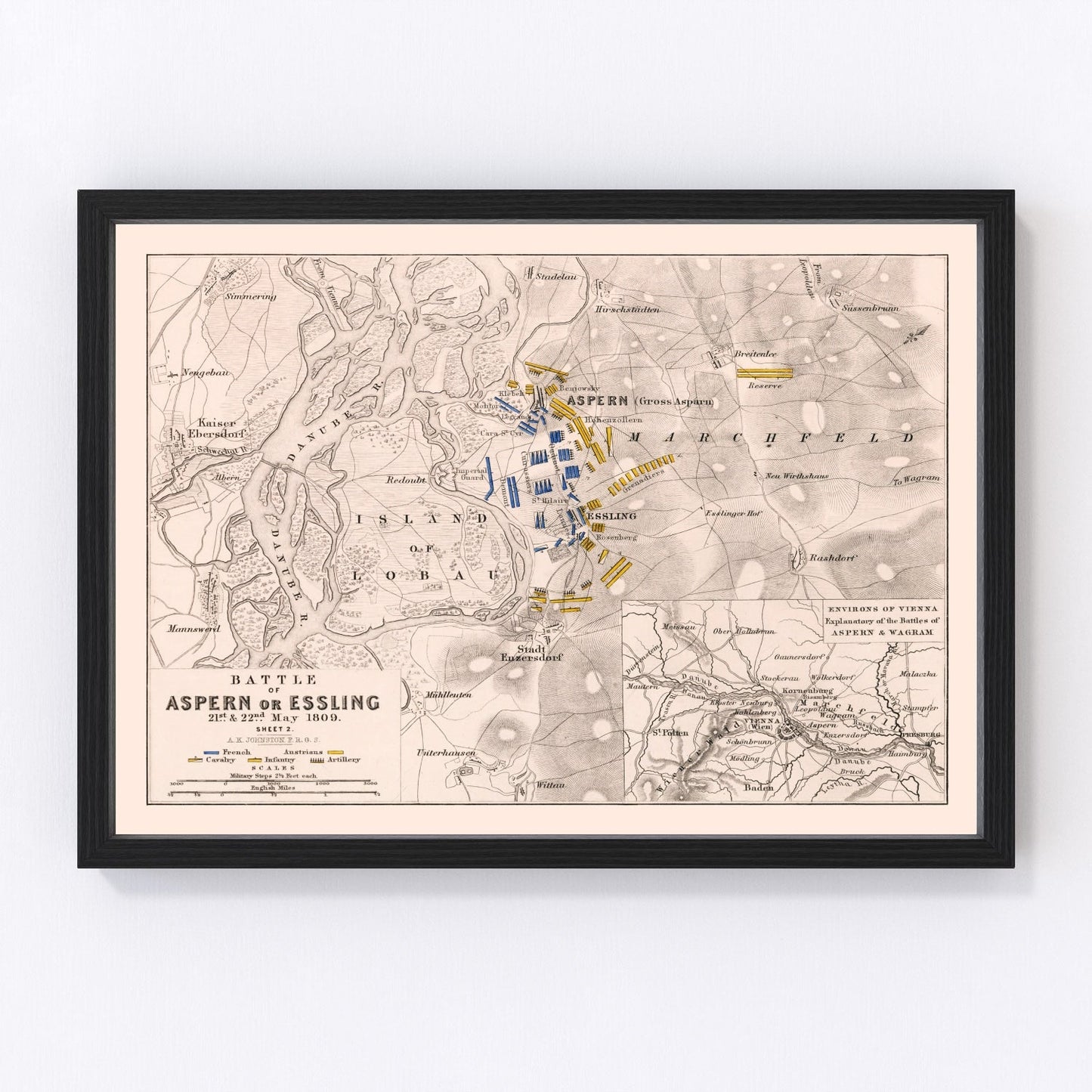 Vintage map of the Battle of Aspern-Essling, Austria, 1809