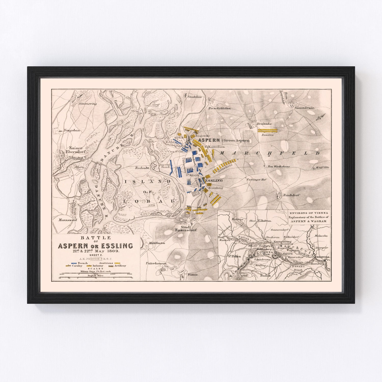 Vintage map of the Battle of Aspern-Essling, Austria, 1809