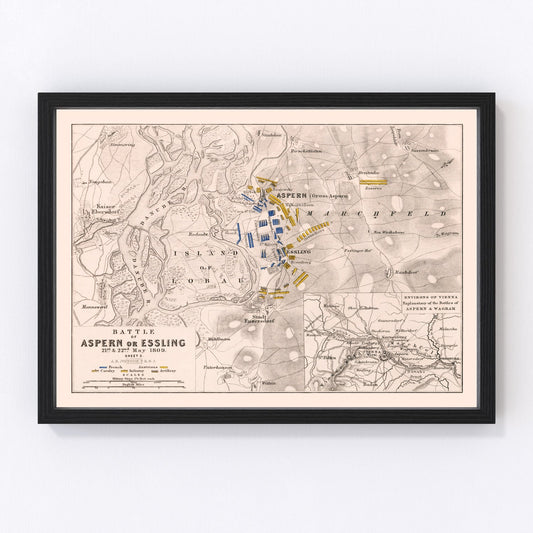 Vintage map of the Battle of Aspern-Essling, Austria, 1809