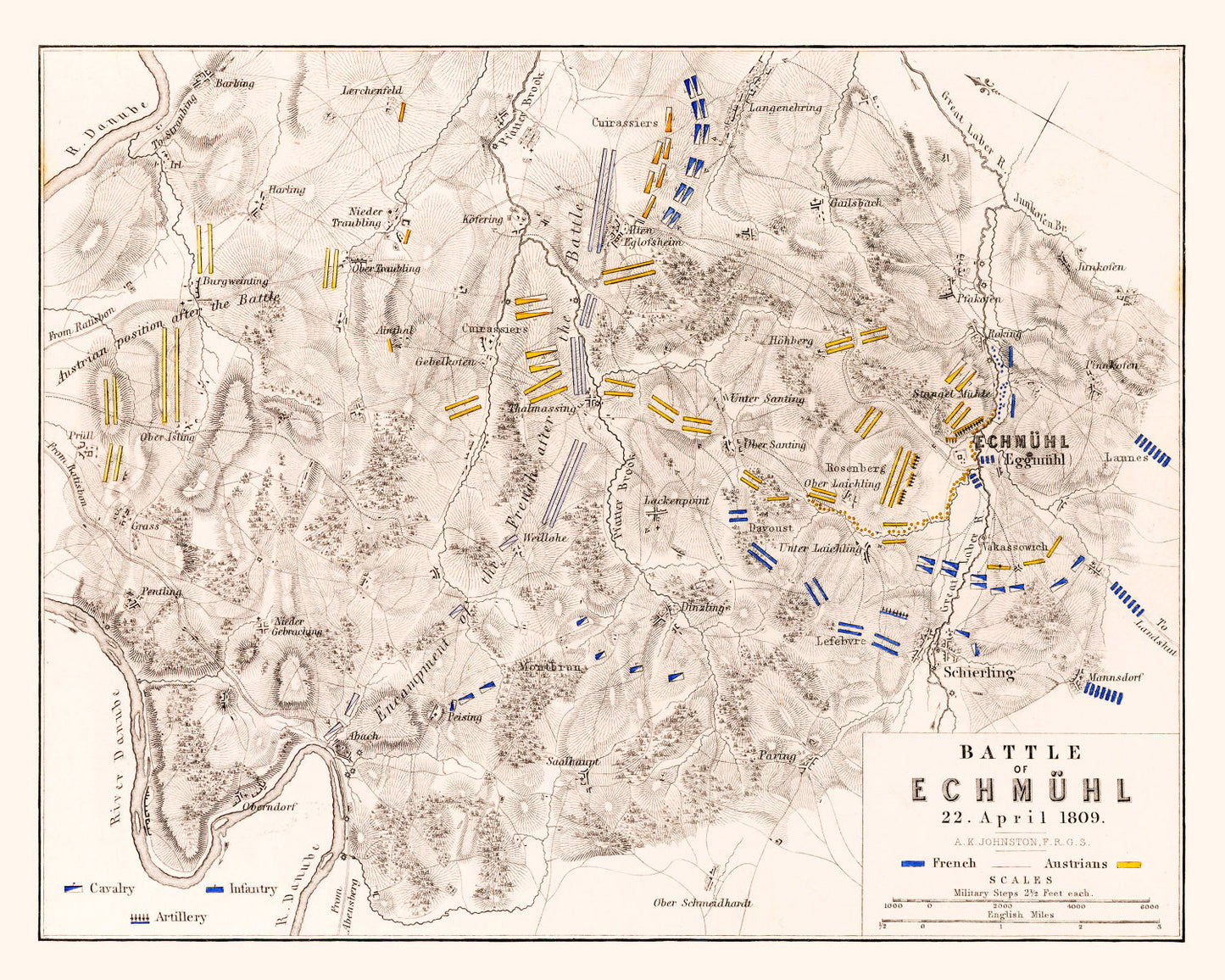 Vintage Map of the Battle of Eckmühl, 1809
