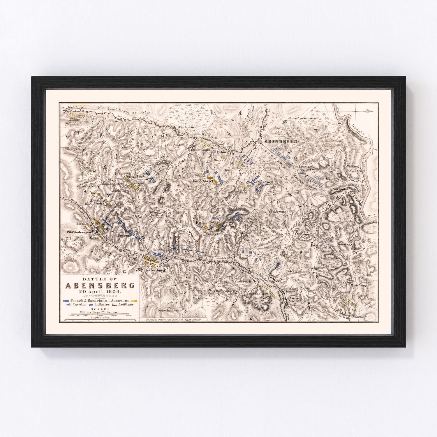 vintage map of the Battle of Abensberg, Bavaria, Germany, 1809