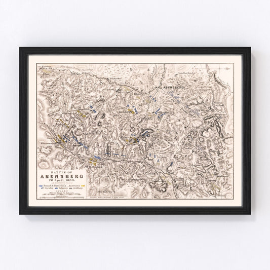 vintage map of the Battle of Abensberg, Bavaria, Germany, 1809