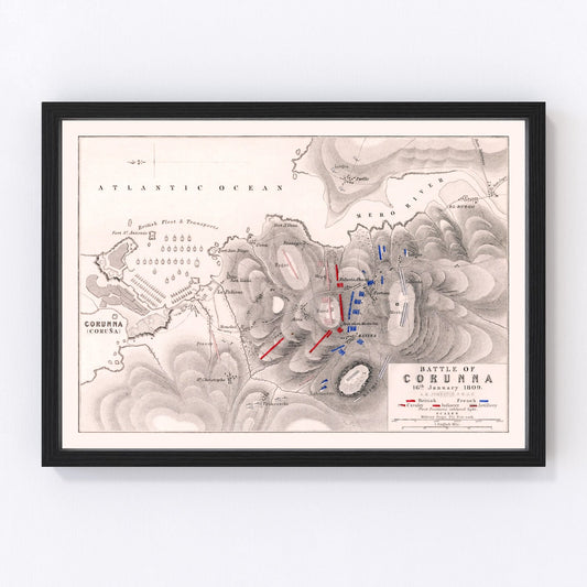 vintage map of the Battle of Corunna, Spain, 1809