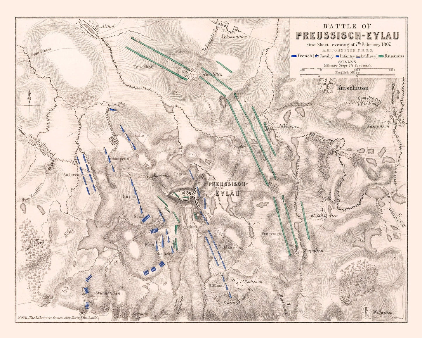 Vintage Map of the Battle of Preussisch-Eylau, Prussia, 1807