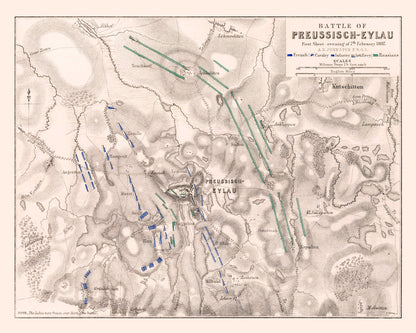 Vintage Map of the Battle of Preussisch-Eylau, Prussia, 1807