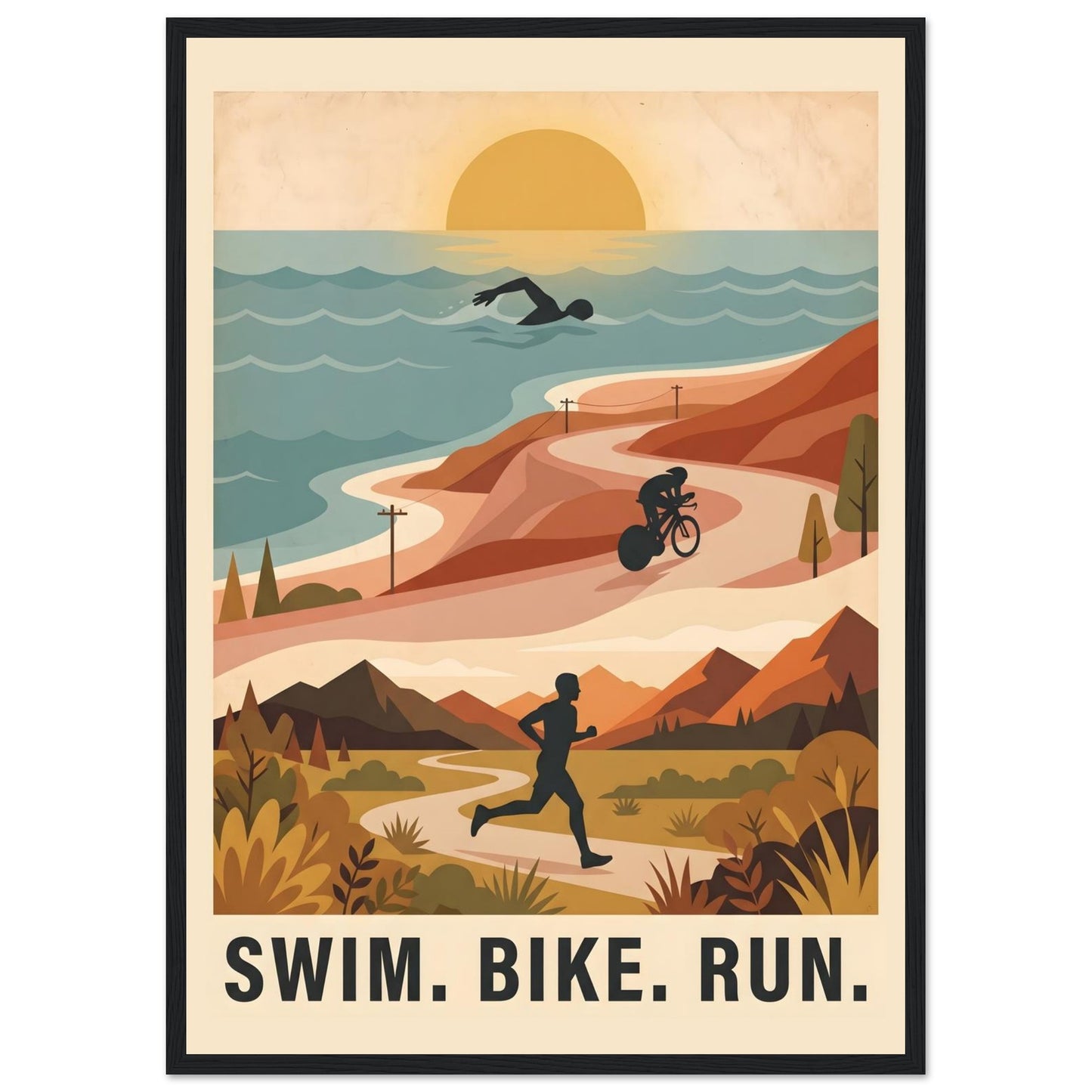 Triathlon Poster: Retro Swim Bike Run Framed Wall Art - A2 (42 x 59.4 cm) - Black frame / Ready-to-hang - Sparkycare