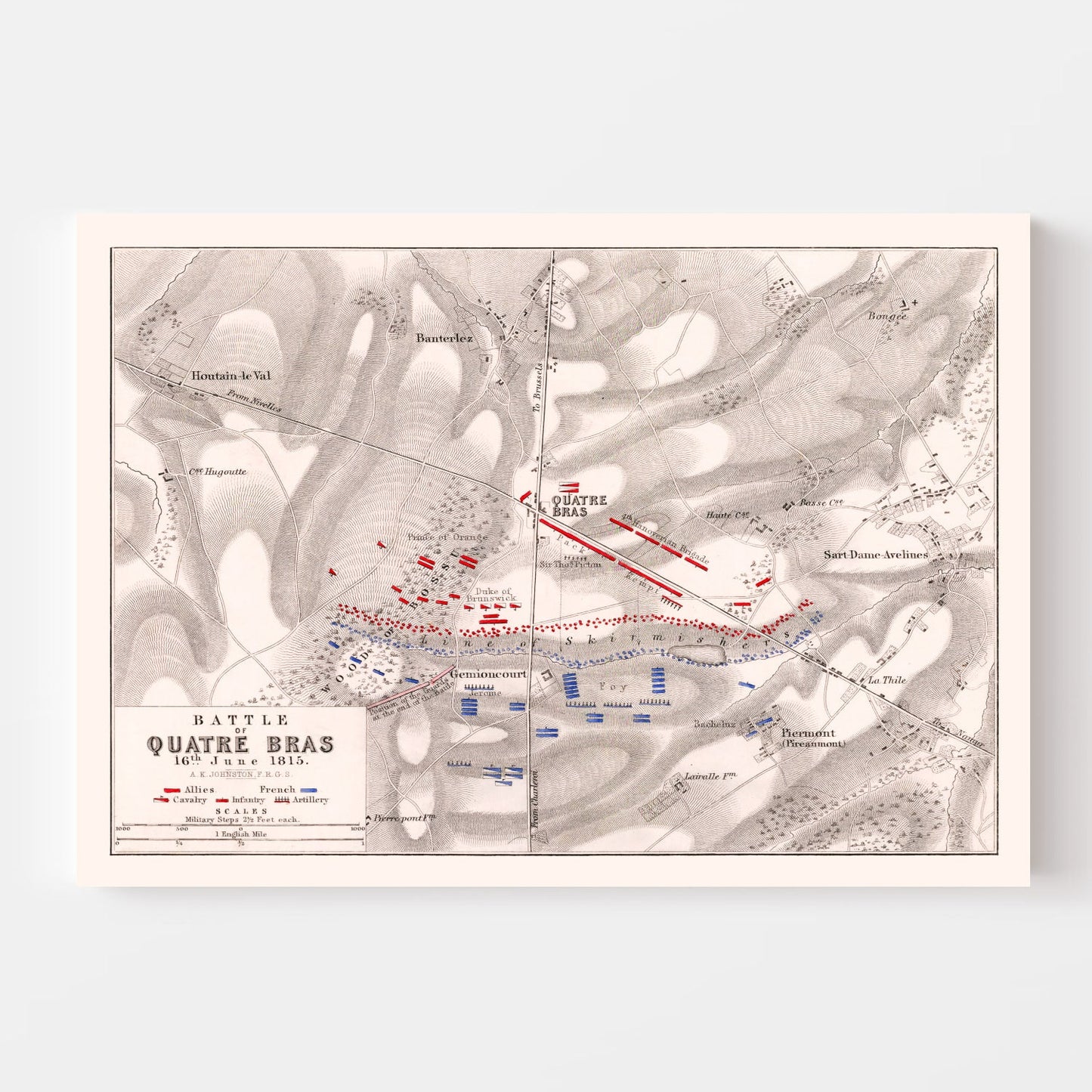 Vintage Map of the Battle of Quatre Bras, Belgium, 1815