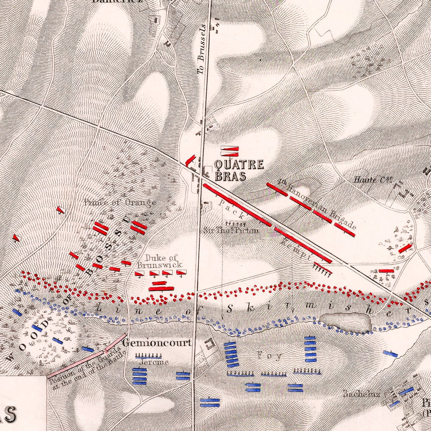 Vintage Map of the Battle of Quatre Bras, Belgium, 1815