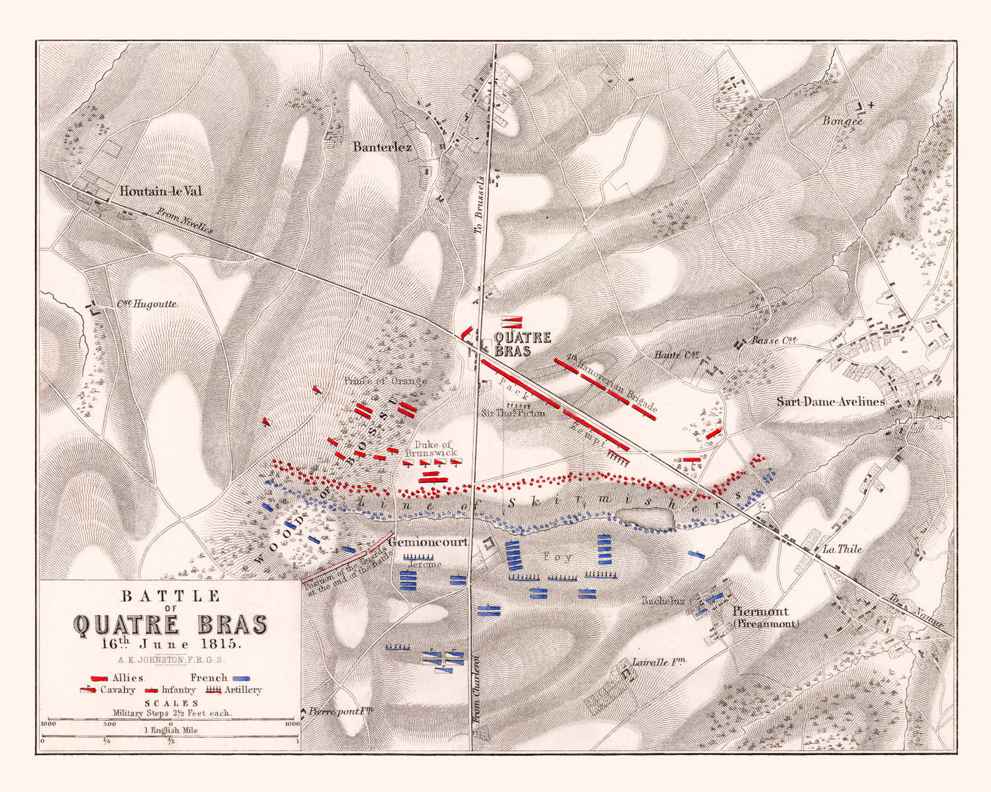 Vintage Map of the Battle of Quatre Bras, Belgium, 1815