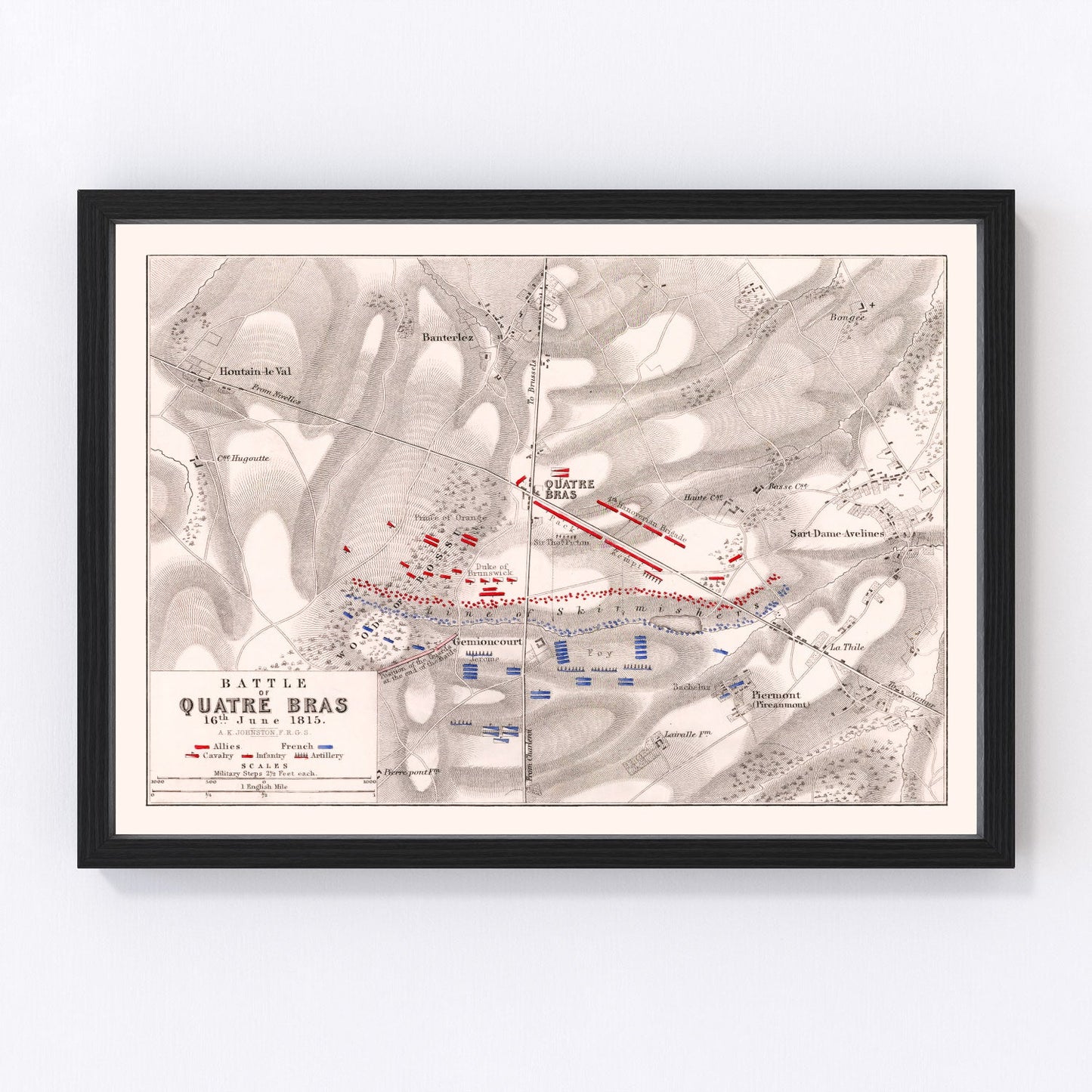Vintage map of the Battle of Quatre Bras, Belgium, 1815, Waterloo campaign