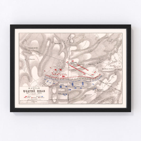Vintage map of the Battle of Quatre Bras, Belgium, 1815, Waterloo campaign